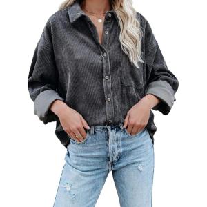 imageDokotoo Womens Corduroy Button Down Shirts Boyfriend Long Sleeve Oversized Blouses Tops1 Grey