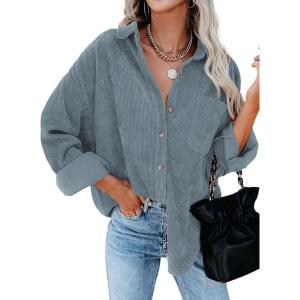 imageDokotoo Womens Corduroy Button Down Shirts Boyfriend Long Sleeve Oversized Blouses Tops1 Light Blue