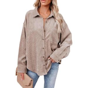 imageDokotoo Womens Corduroy Button Down Shirts Boyfriend Long Sleeve Oversized Blouses Tops1 Light Brown