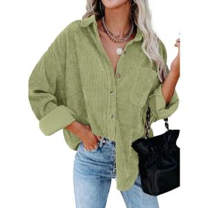 imageDokotoo Womens Corduroy Button Down Shirts Boyfriend Long Sleeve Oversized Blouses Tops1 Light Green