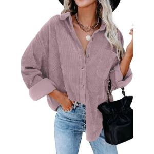 imageDokotoo Womens Corduroy Button Down Shirts Boyfriend Long Sleeve Oversized Blouses Tops1 Light Purple