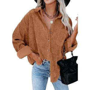 imageDokotoo Womens Corduroy Button Down Shirts Boyfriend Long Sleeve Oversized Blouses Tops1 Orange