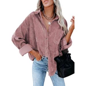 imageDokotoo Womens Corduroy Button Down Shirts Boyfriend Long Sleeve Oversized Blouses Tops1 Pink