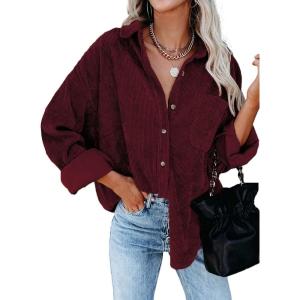 imageDokotoo Womens Corduroy Button Down Shirts Boyfriend Long Sleeve Oversized Blouses Tops1 Red