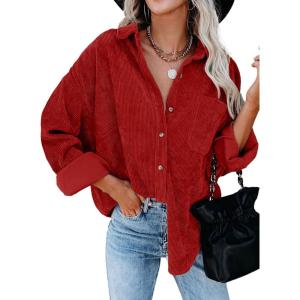 imageDokotoo Womens Corduroy Button Down Shirts Boyfriend Long Sleeve Oversized Blouses Tops1 Red02