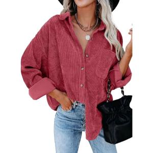imageDokotoo Womens Corduroy Button Down Shirts Boyfriend Long Sleeve Oversized Blouses Tops1 Rose