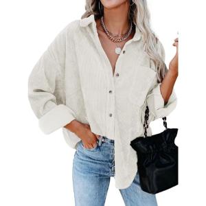 imageDokotoo Womens Corduroy Button Down Shirts Boyfriend Long Sleeve Oversized Blouses Tops1 White