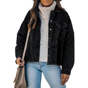 imageDokotoo Womens Corduroy Jackets Button Down Long Sleeve Casual Shacket Coats OutwearA Black