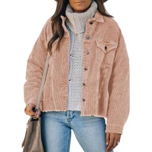 imageDokotoo Womens Corduroy Jackets Button Down Long Sleeve Casual Shacket Coats OutwearA Pink