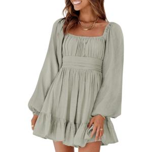 imageDokotoo Womens Dress Long Lantern Sleeve Square Neck Tie Backless Sexy Dress Ruffle Elastic Waist ALine Mini Dress1aa Grey