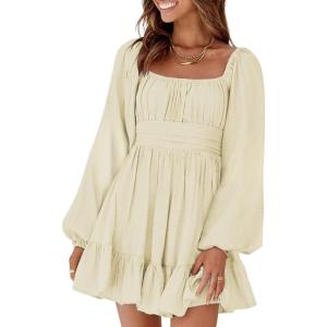 imageDokotoo Womens Dress Long Lantern Sleeve Square Neck Tie Backless Sexy Dress Ruffle Elastic Waist ALine Mini DressApricot
