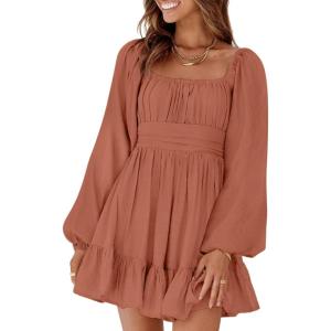 imageDokotoo Womens Dress Long Lantern Sleeve Square Neck Tie Backless Sexy Dress Ruffle Elastic Waist ALine Mini DressBrown