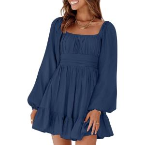 imageDokotoo Womens Dress Long Lantern Sleeve Square Neck Tie Backless Sexy Dress Ruffle Elastic Waist ALine Mini DressDark Blue