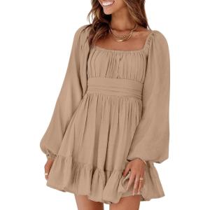 imageDokotoo Womens Dress Long Lantern Sleeve Square Neck Tie Backless Sexy Dress Ruffle Elastic Waist ALine Mini DressKhaki