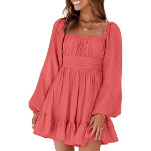 imageDokotoo Womens Dress Long Lantern Sleeve Square Neck Tie Backless Sexy Dress Ruffle Elastic Waist ALine Mini DressLight Pink