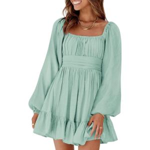imageDokotoo Womens Dress Long Lantern Sleeve Square Neck Tie Backless Sexy Dress Ruffle Elastic Waist ALine Mini DressMint Green