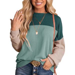 imageDokotoo Womens Fashion 2025 Color Block Long Sleeve Crewneck Knitted Casual Loose Pullover Shirts TopsAblue Green