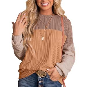 imageDokotoo Womens Fashion 2025 Color Block Long Sleeve Crewneck Knitted Casual Loose Pullover Shirts TopsAkhaki
