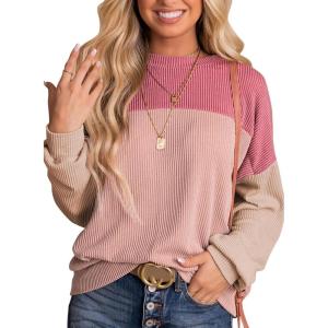 imageDokotoo Womens Fashion 2025 Color Block Long Sleeve Crewneck Knitted Casual Loose Pullover Shirts TopsApink2