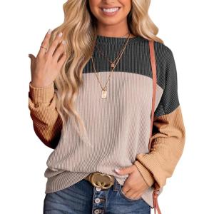 imageDokotoo Womens Fashion 2025 Color Block Long Sleeve Crewneck Knitted Casual Loose Pullover Shirts TopsBlack