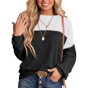 imageDokotoo Womens Fashion 2025 Color Block Long Sleeve Crewneck Knitted Casual Loose Pullover Shirts TopsBlack White