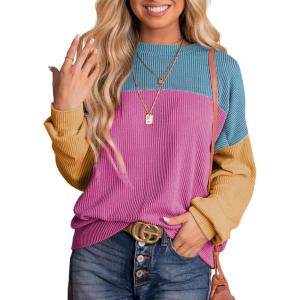 imageDokotoo Womens Fashion 2025 Color Block Long Sleeve Crewneck Knitted Casual Loose Pullover Shirts TopsBright Pink