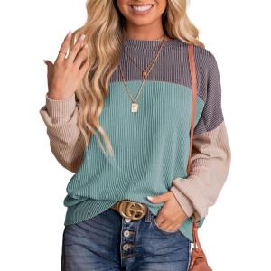 imageDokotoo Womens Fashion 2025 Color Block Long Sleeve Crewneck Knitted Casual Loose Pullover Shirts TopsCanton