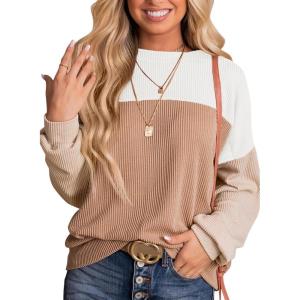 imageDokotoo Womens Fashion 2025 Color Block Long Sleeve Crewneck Knitted Casual Loose Pullover Shirts TopsChestnut