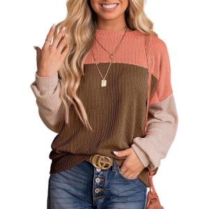 imageDokotoo Womens Fashion 2025 Color Block Long Sleeve Crewneck Knitted Casual Loose Pullover Shirts TopsCoffee