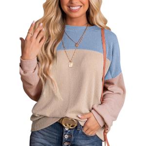 imageDokotoo Womens Fashion 2025 Color Block Long Sleeve Crewneck Knitted Casual Loose Pullover Shirts TopsLight Blue