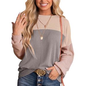 imageDokotoo Womens Fashion 2025 Color Block Long Sleeve Crewneck Knitted Casual Loose Pullover Shirts TopsLight Grey