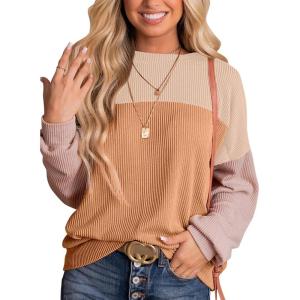 imageDokotoo Womens Fashion 2025 Color Block Long Sleeve Crewneck Knitted Casual Loose Pullover Shirts TopsLight Khaki