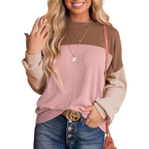 imageDokotoo Womens Fashion 2025 Color Block Long Sleeve Crewneck Knitted Casual Loose Pullover Shirts TopsLight Pink