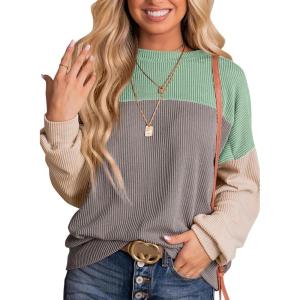 imageDokotoo Womens Fashion 2025 Color Block Long Sleeve Crewneck Knitted Casual Loose Pullover Shirts TopsMint Green