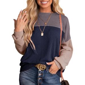 imageDokotoo Womens Fashion 2025 Color Block Long Sleeve Crewneck Knitted Casual Loose Pullover Shirts TopsSail Blue