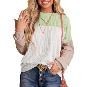 imageDokotoo Womens Fashion 2025 Color Block Long Sleeve Crewneck Knitted Casual Loose Pullover Shirts TopsWhite