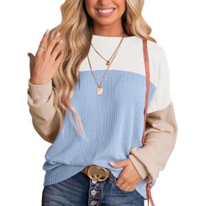 imageDokotoo Womens Fashion 2025 Color Block Long Sleeve Crewneck Knitted Casual Loose Pullover Shirts TopsWhite Blue1
