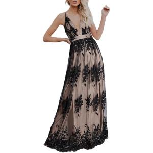 imageDokotoo Womens Formal Dresses Deep VNeck Embroidered Lace Mesh Evening Party Prom Dress Long Wedding DressBlack