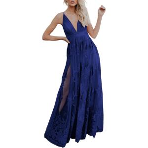 imageDokotoo Womens Formal Dresses Deep VNeck Embroidered Lace Mesh Evening Party Prom Dress Long Wedding DressBlue