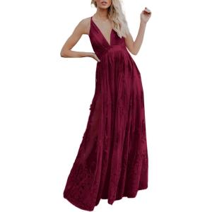 imageDokotoo Womens Formal Dresses Deep VNeck Embroidered Lace Mesh Evening Party Prom Dress Long Wedding DressRed