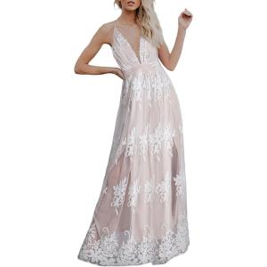 imageDokotoo Womens Formal Dresses Deep VNeck Embroidered Lace Mesh Evening Party Prom Dress Long Wedding DressWhite