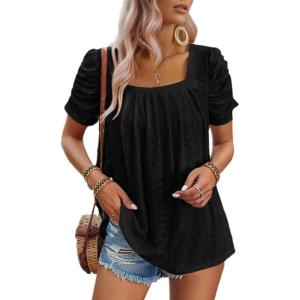 imageDokotoo Womens Hollow Pleated Short Sleeves Square Neck Casual Loose Solid Color Knit T Shirts Tops BlousesBlack