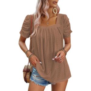 imageDokotoo Womens Hollow Pleated Short Sleeves Square Neck Casual Loose Solid Color Knit T Shirts Tops BlousesChestnut