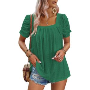 imageDokotoo Womens Hollow Pleated Short Sleeves Square Neck Casual Loose Solid Color Knit T Shirts Tops BlousesDark Green