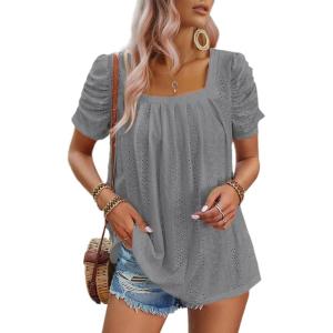 imageDokotoo Womens Hollow Pleated Short Sleeves Square Neck Casual Loose Solid Color Knit T Shirts Tops BlousesMedium Grey