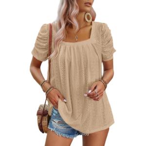 imageDokotoo Womens Hollow Pleated Short Sleeves Square Neck Casual Loose Solid Color Knit T Shirts Tops BlousesParchment