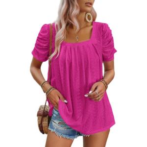 imageDokotoo Womens Hollow Pleated Short Sleeves Square Neck Casual Loose Solid Color Knit T Shirts Tops BlousesRose Red