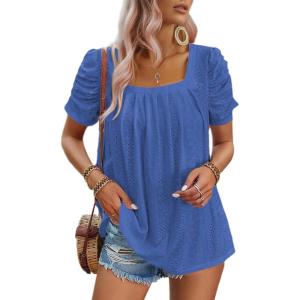 imageDokotoo Womens Hollow Pleated Short Sleeves Square Neck Casual Loose Solid Color Knit T Shirts Tops BlousesSky Blue