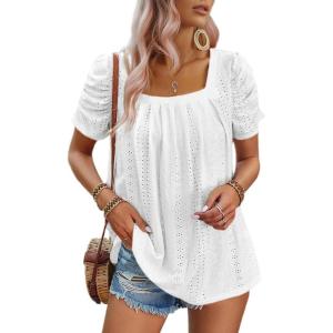 imageDokotoo Womens Hollow Pleated Short Sleeves Square Neck Casual Loose Solid Color Knit T Shirts Tops BlousesWhite