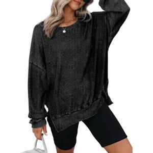 imageDokotoo Womens Oversized Waffle Knit Crewneck Sweatshirts Long Sleeve Side Slits Casual Pullover Sweatshirt TopsBlack